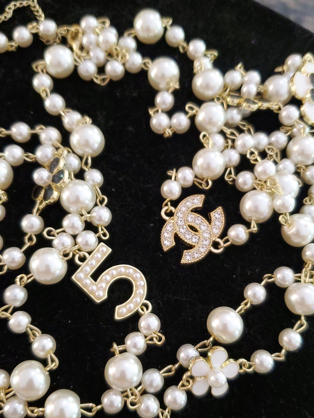 Chanel Pearl and Crystal Long Double Chain Necklace with CC and Camelia
